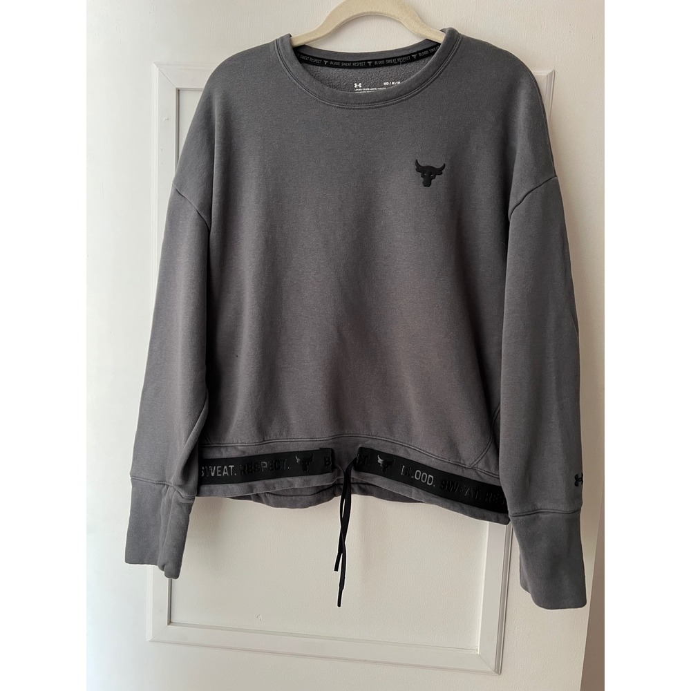 Under Armour Project Rock Terry Crewneck Sweatshirt Grey Womens Medium 46x23 EUC